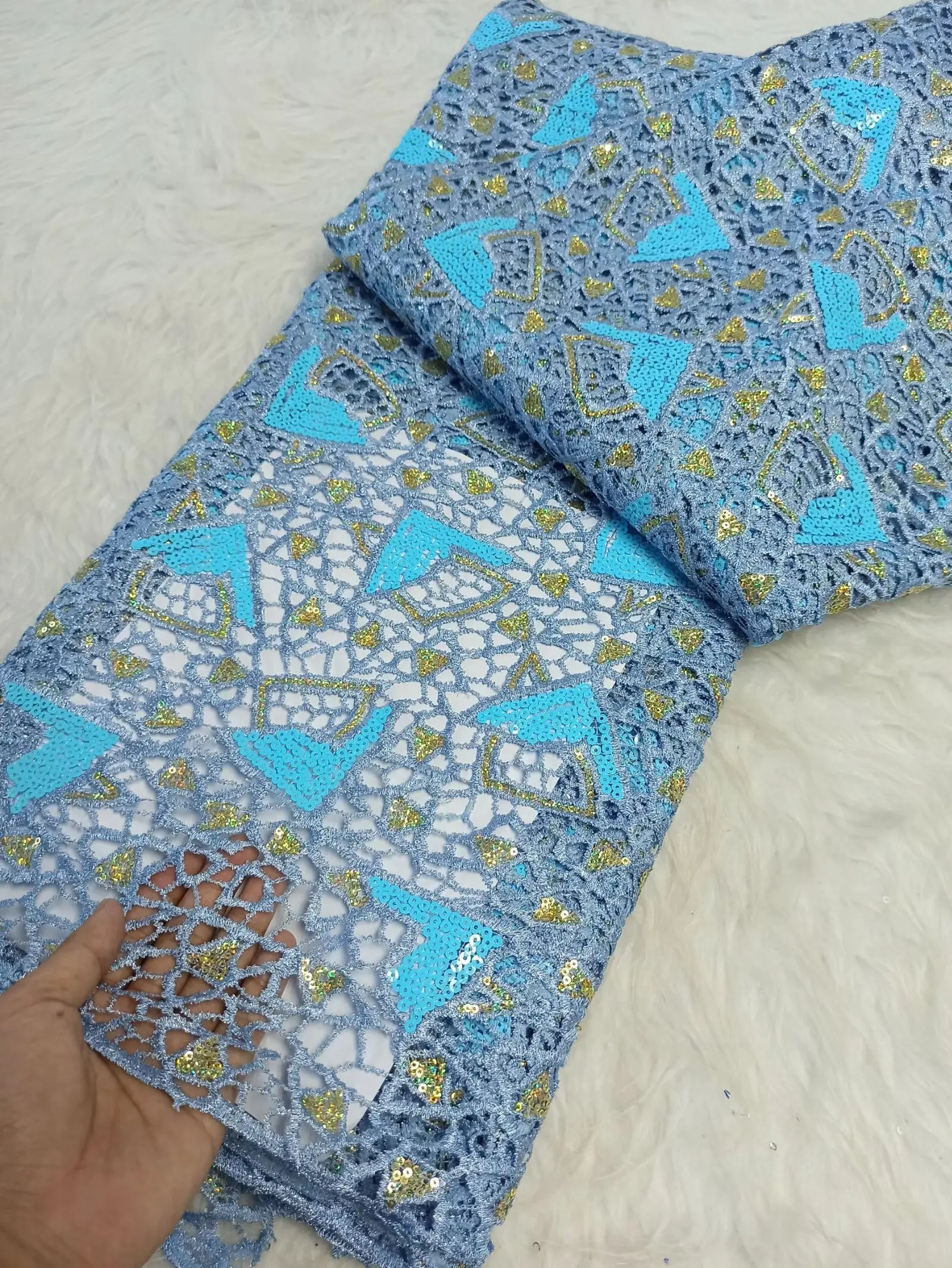Embroidered African Guipure Lace Fabric With Sequins Traditional inspired Garment Women Water Soluble Fabric Occasional Wear