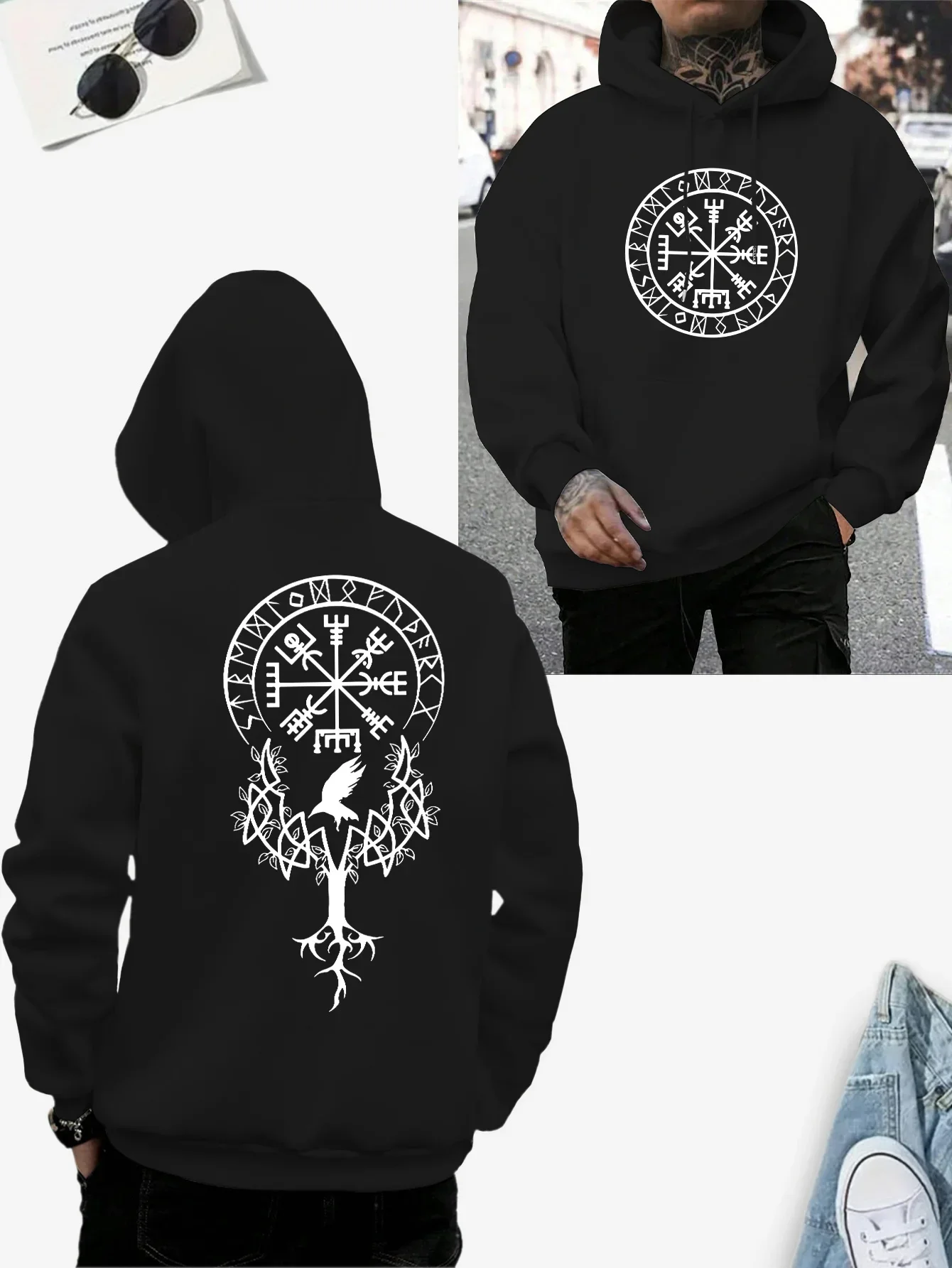 Viking Vegvisir Hoodie, Unisex Drawstring Hooded Sweatshirt Norse Rune Compass Tree Raven Front Back Print Nordic Pullover
