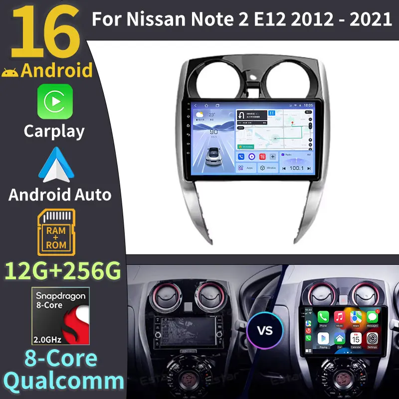 Wireless Carplay Android 16 Car Radio For Nissan Note 2 E12 2012 - 2021 Multimedia Video Player 2K Screen QLED Stereo 360 Camera