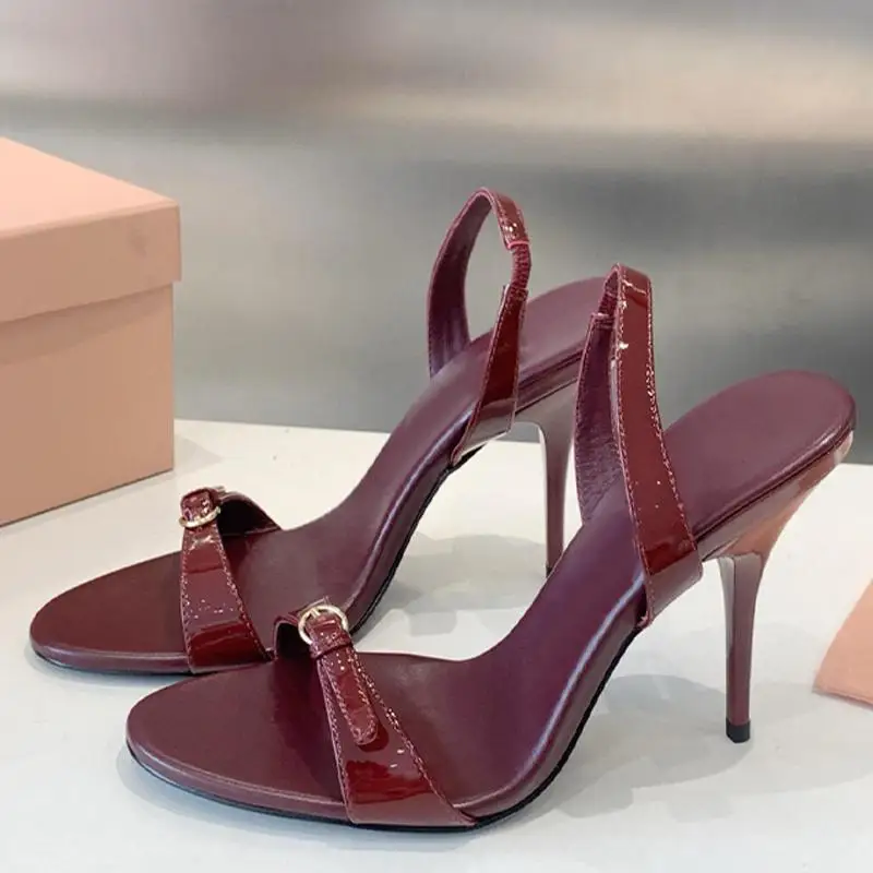 2025 New Versatile Open Toed Round Head Rear Tripping Strap One Word Strap Metal Buckle High Heel Sandals for Women