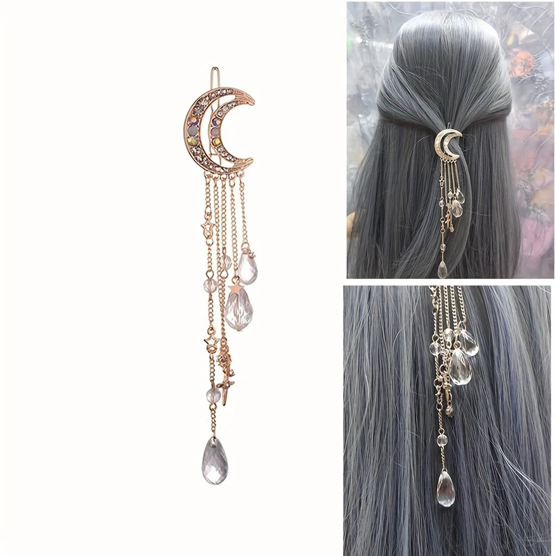 Halbmond- und Stern-Haarspange mit Quaste für Damen, Strass- und Kristallmond- und Stern-Seitenklammer im Girly-Stil – Detail 3