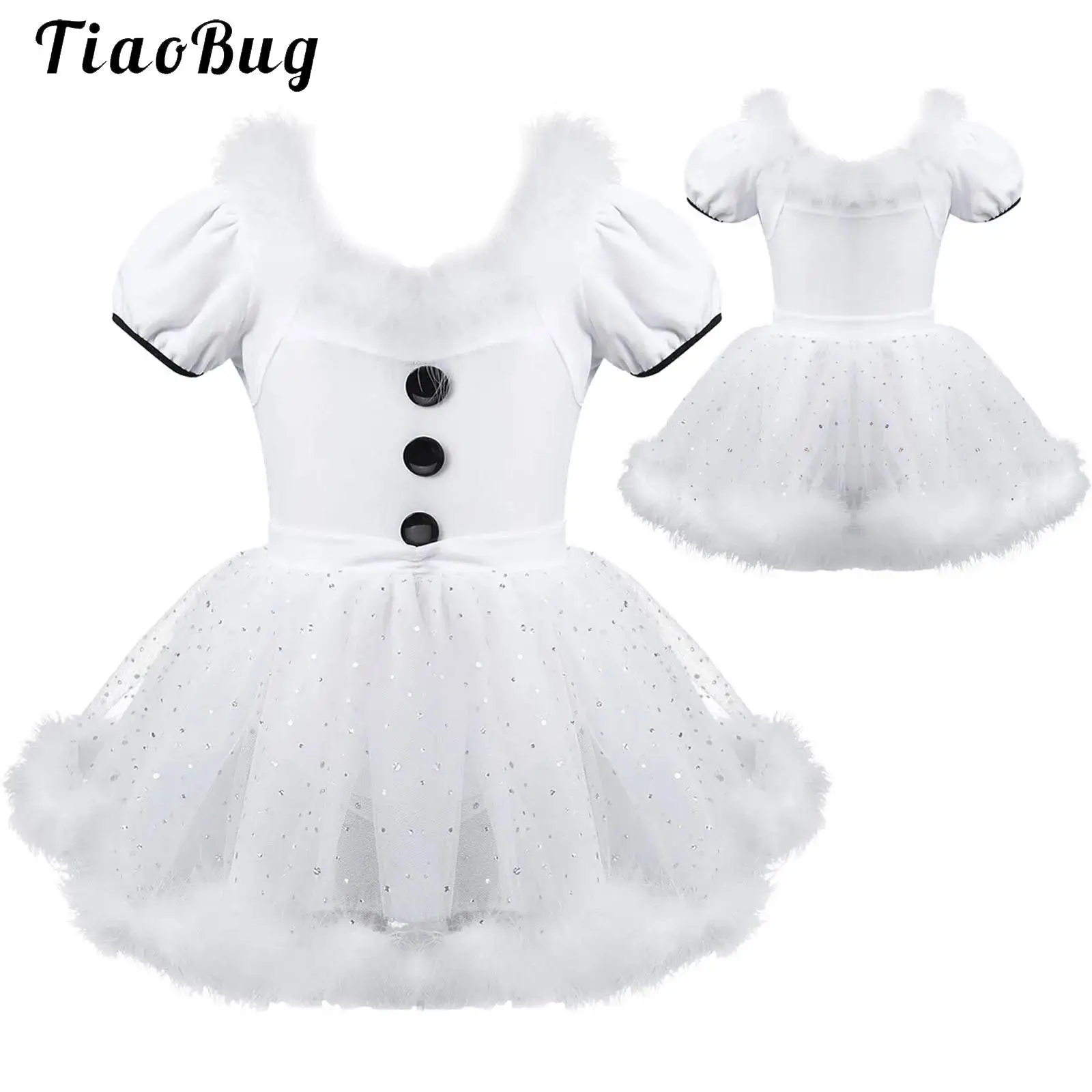 

White Snowmen Girls Christmas Dance Dress Kids Xmas Santa Faux Fur Trim Sequins Mesh Tutu Ballet Leotard Figure Skating Dress