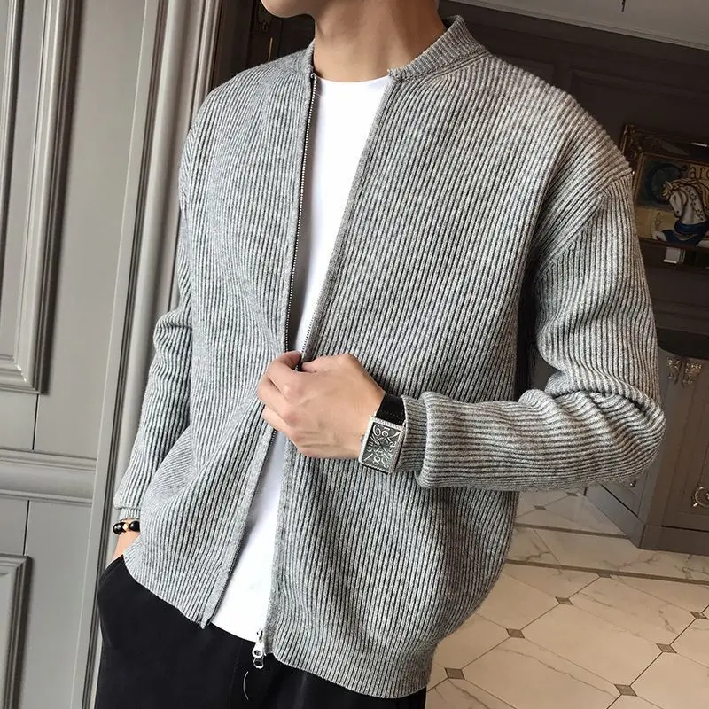 2023 New Spring and Autumn Korean Edition Trend Stand Collar Solid Color Pit Stripe Slim Fitting High-end Men\'s Sweater Cardigan