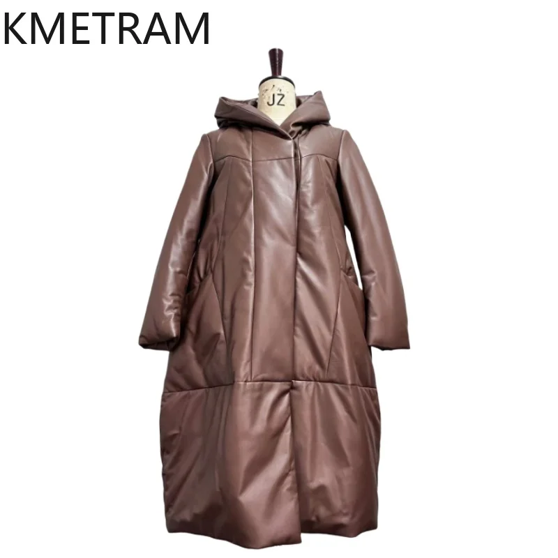 100% Sheepskin Puffer Jacket Women Mid Length Genuine Leather Down Coats with Hood 2025 Winter Clothes Woman Пуховик Женский