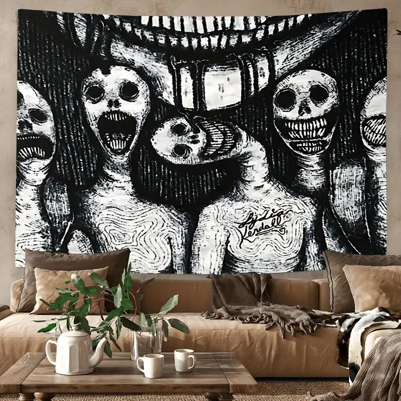 VIKAMA Gothic Horror Tapestry Monochrome Creepy Skull Human Body Sketch Wall Blanket for Grunge Dorm Decor