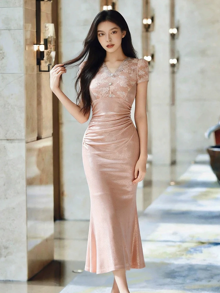 Women Sparkly Pink V Neck Lace Patchwork Mermaid Midi Dress Elegant Short Sleeve Ruched Bodycon Formal Party Evening Dresses New