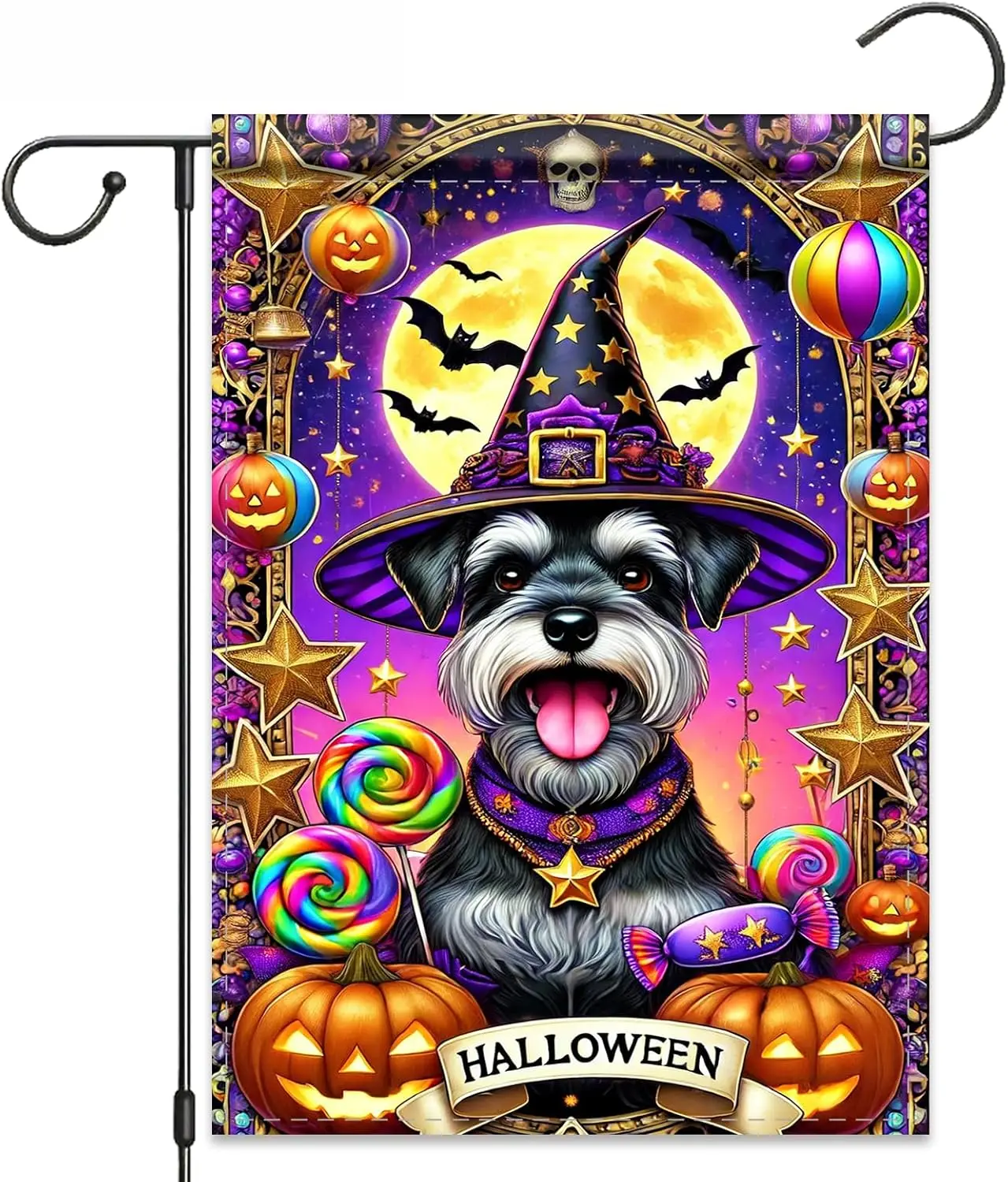 Nuxovilar Witch Schnauzer Halloween Garden Flag 12x18 Inches Polyester | Halloween Decor Witch Flag schnauzer candy banner f uui