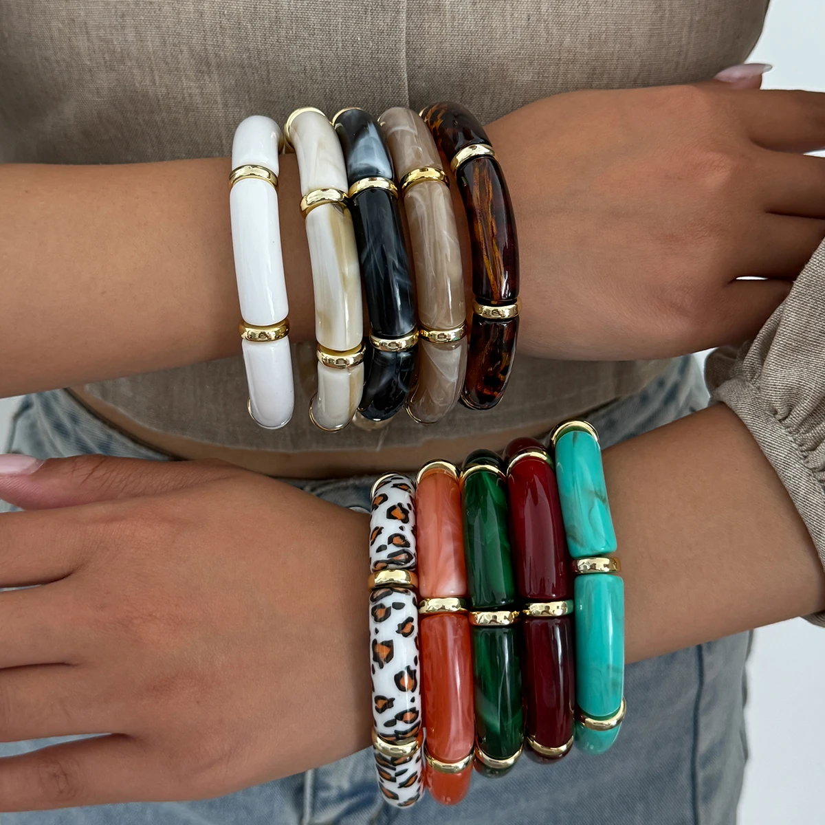 KunJoe 10 Colors Vintage Stackable Leopard Resin Acrylic Bracelets for Women Bohemian Round Tube Beaded Elastic Bangle Bracelet