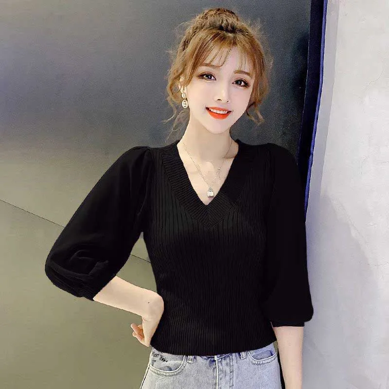 Fashion V-Neck Spliced Gauze Puff Sleeve Tee Shirt Women\'s Clothing 2024 Spring Summer New Slim Casual Tops Korean T-Shirt