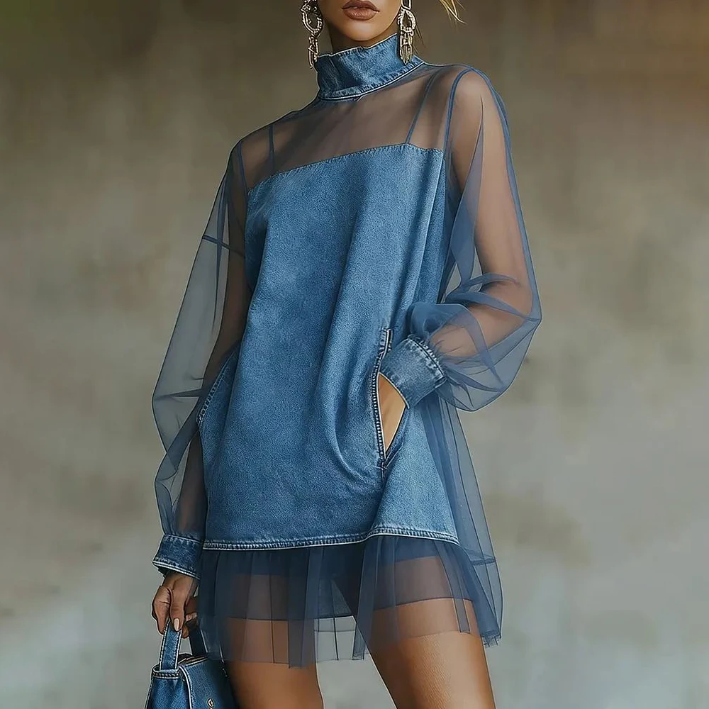 Women's Denim Mesh Patchwork Mini Dress Blue Vintage High Neck Sheer Long Sleeve Ruffle Hem Mesh Sheer Casual Streetwear Dresses