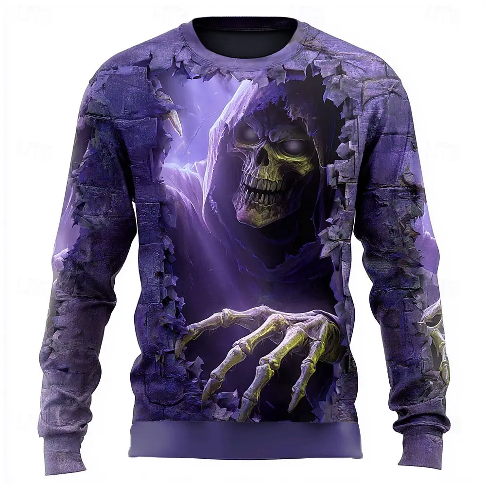 Men Halloween 3D Print Sweatshirt Grim Reaper Skeleton Break Wall Horror Graphic Crew Neck Pullover