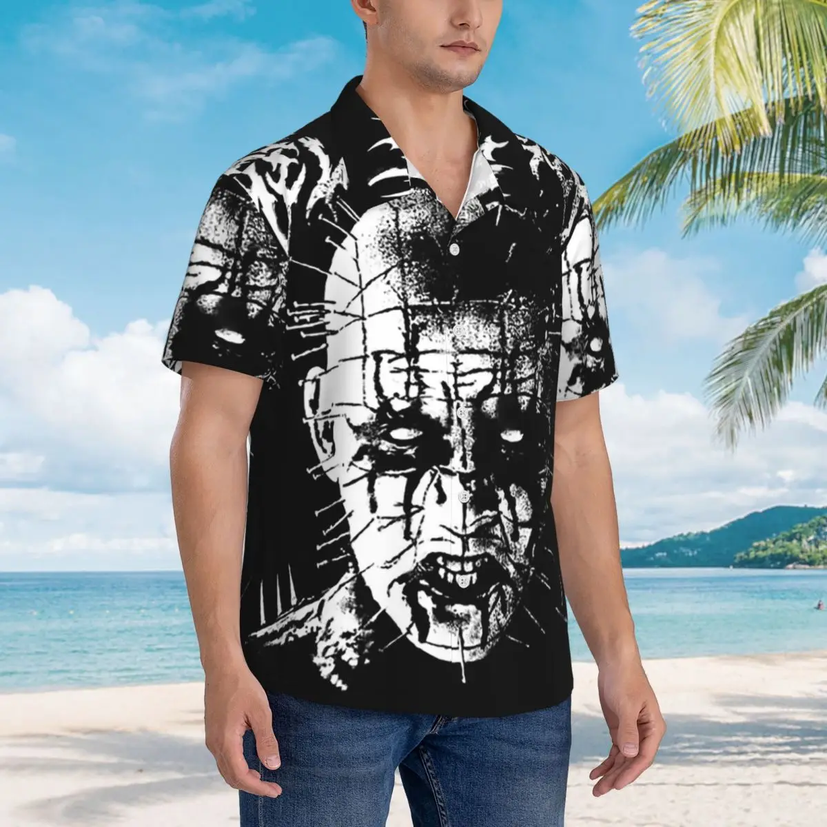 

Black Metal Pinhead Graphic Hawaiian Shirts Funny Men Short Sleeve Shirt for Summer Beach Men's Button Tops