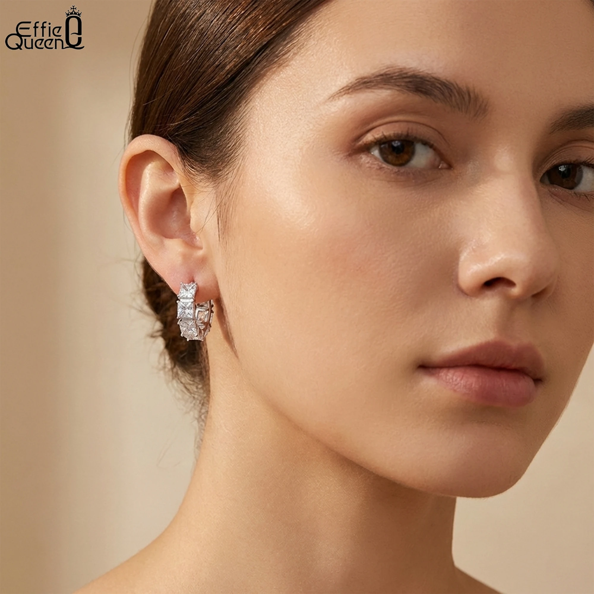 

Effie Queen, натуральное серебро 925 пробы, 8А, квадратные серьги-кольца с цирконием, роскошные ювелирные изделия для женщин, аксессуары для ушей на свадьбу, подарок LZE15