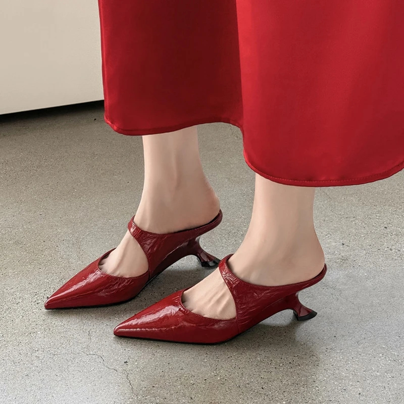 

NEW Summer Women Mules Split Leather Shoes for Women Pointed Toe Strange Heel Shoes Cover Toe Slingback Sandals Fashion Slippers