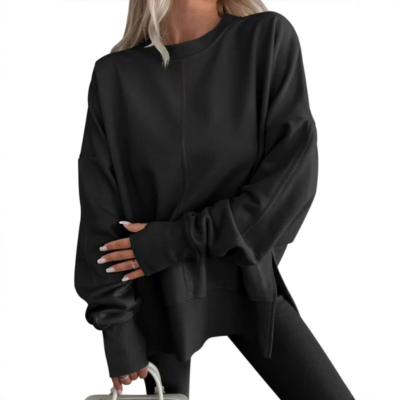 Popular European American Style Loose Sweatshirt with Side Slits Round Neck Bat Sleeves Velvet Top