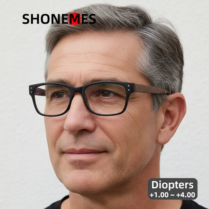 Shonemes Square Reading Glasses Imitation Wood Men Reader Eyeglasses Anti Blue Light Presbyopic Eyewear Diopters +1.0 2 2.5 3 4