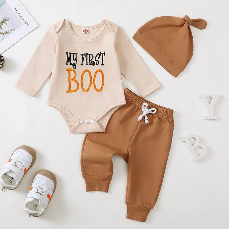 

2024-06-29 Lioraitiin 0-18M Baby Boys Halloween 3PCS Sets Long Sleeve Letter Embroidery Romper Solid Color Pants Hat Sets