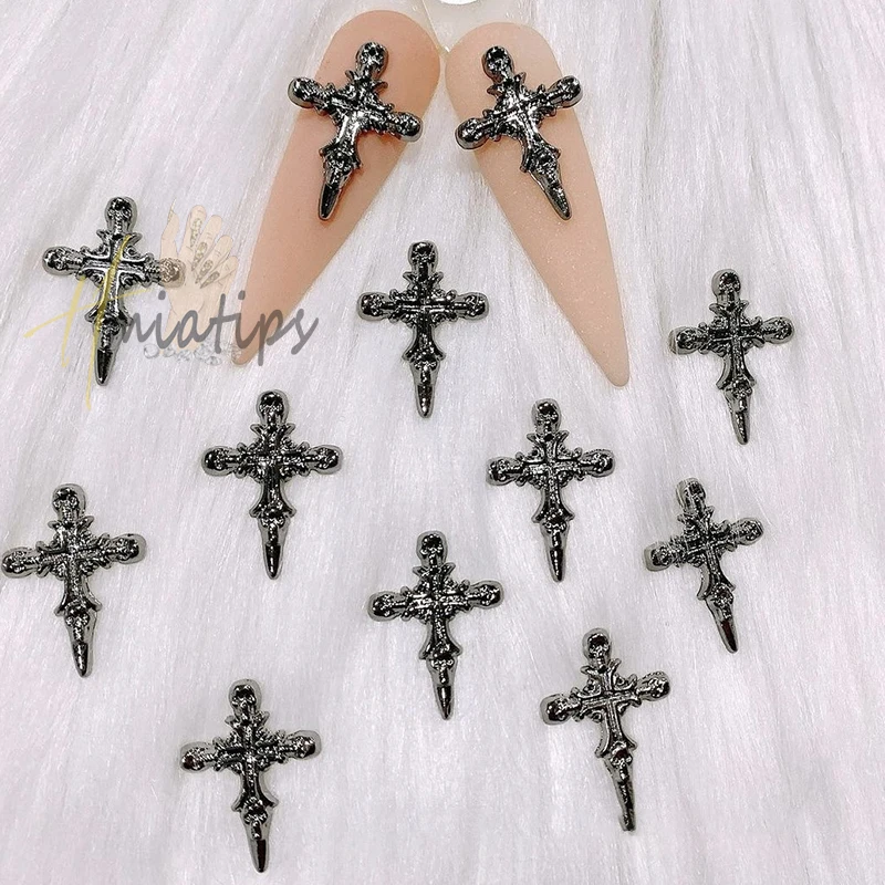 10Pcs 3D Nail Art Charms Punk Silver Retro Cross Luxury Metal Gothic Design Manicure Tips Rhinestones Decoration