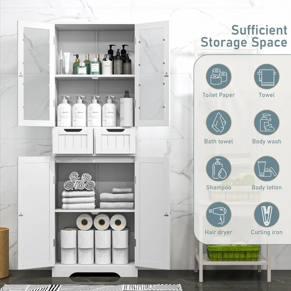 

67" Tall White Bathroom Cabinet Storage Cabinet, Freestanding Storage Cabinet with Glass Door and Adjustable, Customized