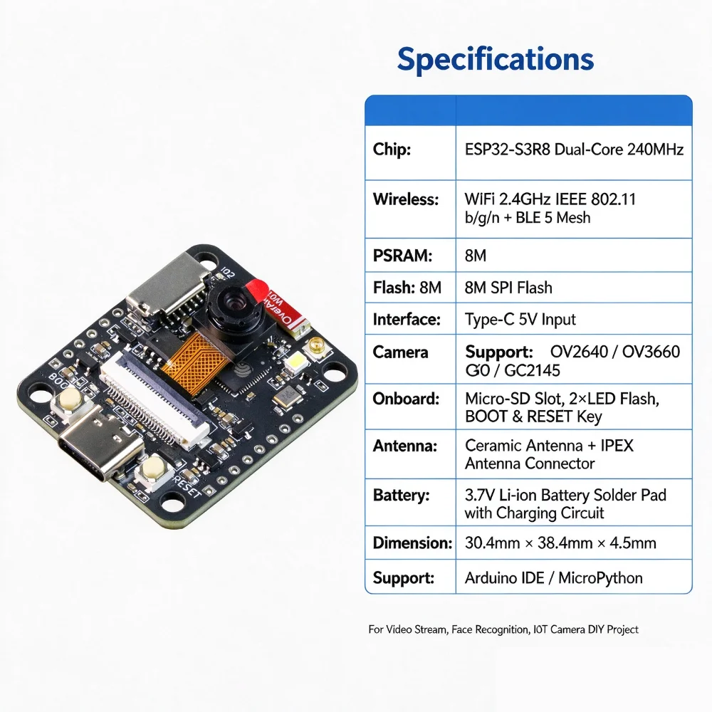 ESP32‑S3‑CAM Development Board ESP32‑S3R8 8M PSRAM 8M Flash WiFi BLE5 Camera Module Type‑C Support OV2640 OV3660 GC2145