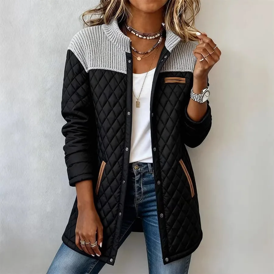 

Women Jackets Cota 2026 Women's Patchwork Crew Neck Long Sleeve Pocket Loose Quilted American Cotton Padded Jacket