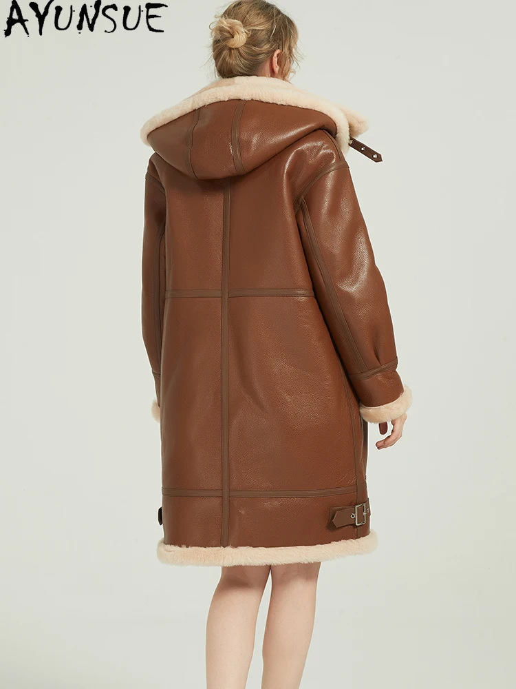 AYUNSUE Echt Leder Jacke Frauen Motorrad Jacken 2025, mittellange Natürliche Schaffell Pelzmantel frauen Winter Kleidung Streetwear