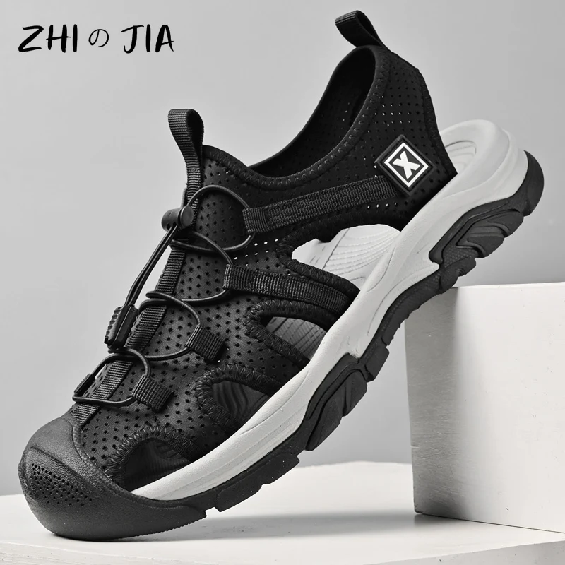 أحذية شاطئ مجوفة صيفية قابلة للتنفس للرجال صنادل رياضية خارجية مانعة للانزلاق أحذية كاجوال كبيرة مريحة سهلة الارتداء أحذية مسطحة