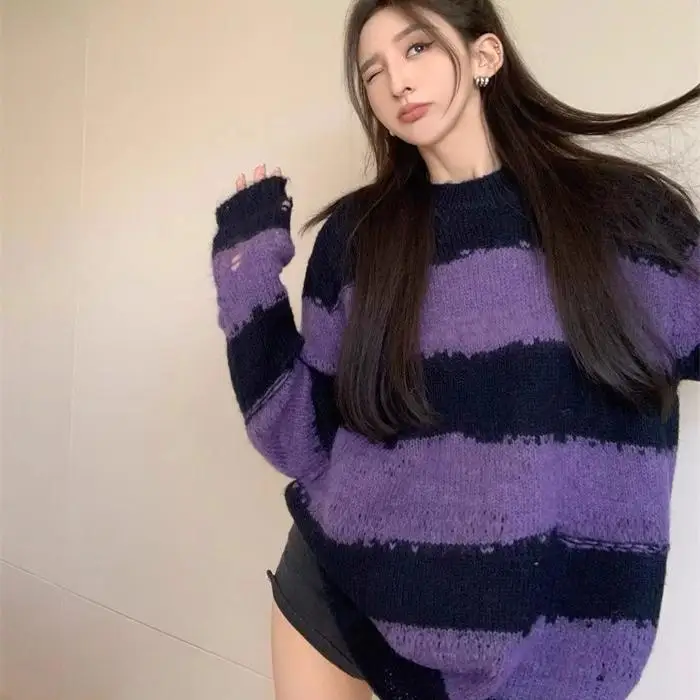 

Loose Long Sve Women's Camere Sweater round Ne Overhead Hollow out Color Blo Striped Sle Autumn Faion Top