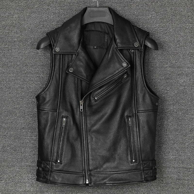 

New Genuine Cowhide Leather Vest Men's Oblique Zipper Motorcycle Biker Vests Stand Collar Sleeveless Jackets Waistcoat