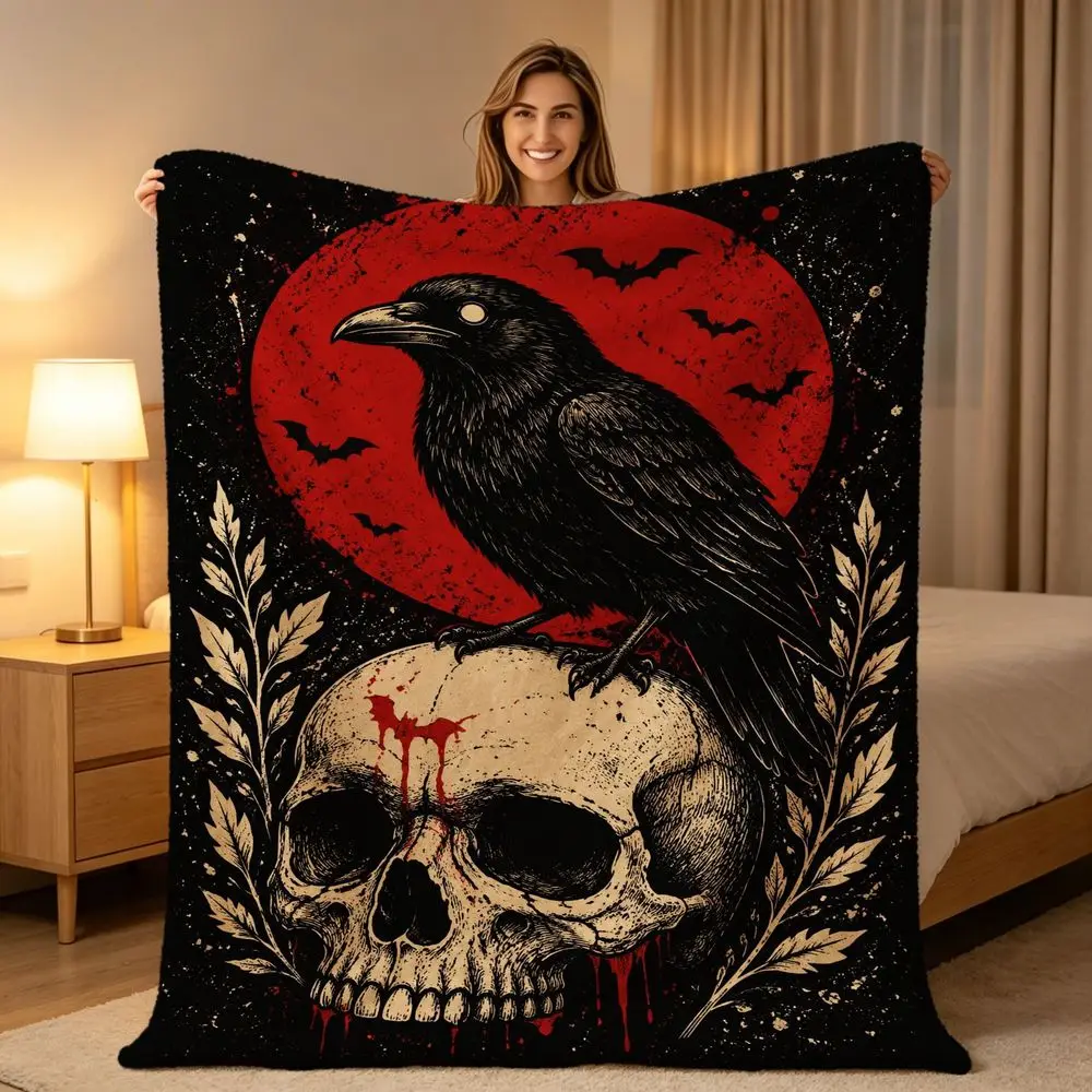 Gothic Crow And Skull Throw Blanket with Blood Moon Design, Soft Warm Fleece Blanket for Sofa Living Room, Aesthetic Dark Decor for Home Travel, Unique Holiday Gift