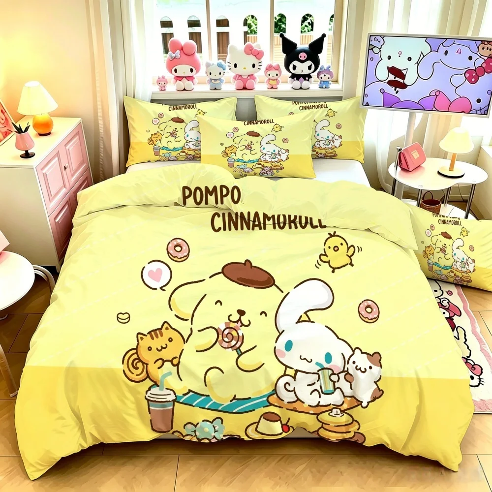 Sanrio Pompompurin Kawaii Bedding Set Duvet Cover with Pillowcases, Soft Quilt Cover for Bedroom Decor Gift Single Double Queen