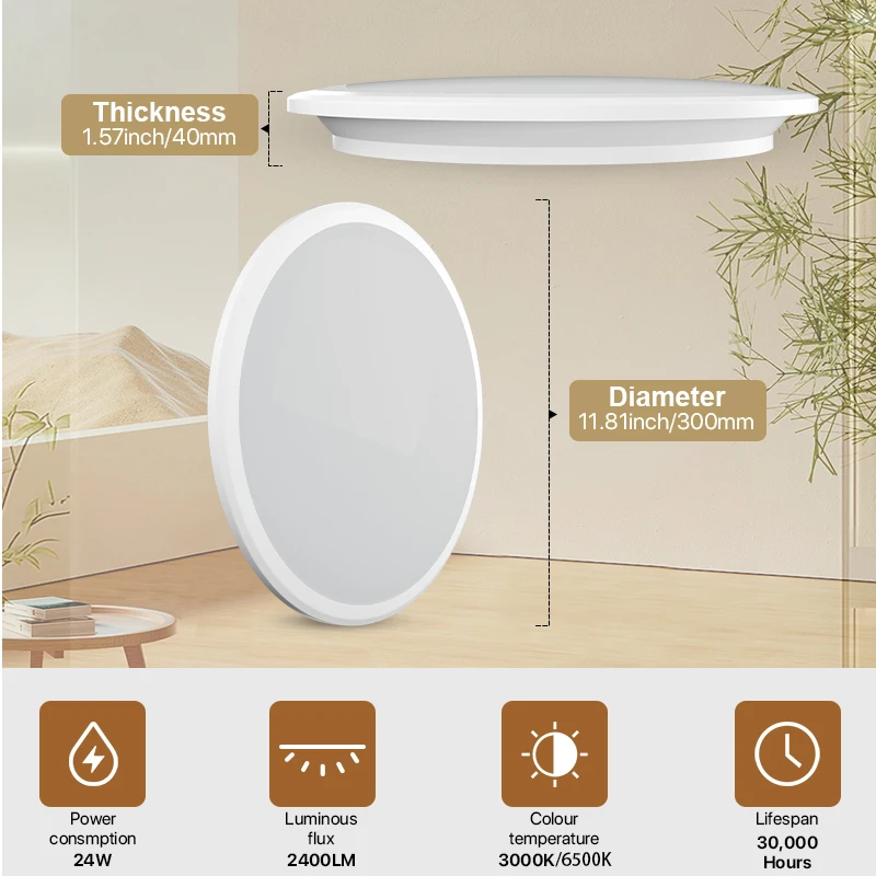 LED Ceiling Light 24W Round Flush Ceiling Light 6500K/3000K 2400lm Waterproof IP54 Ceiling Lamp Ø30cm