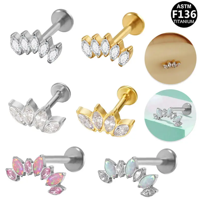 ASTM F136 Titanium Internal Thread CZ Flower Earring Piercing Flat Back Labret Helix Cartilage Conch Earring Piercings Jewelry