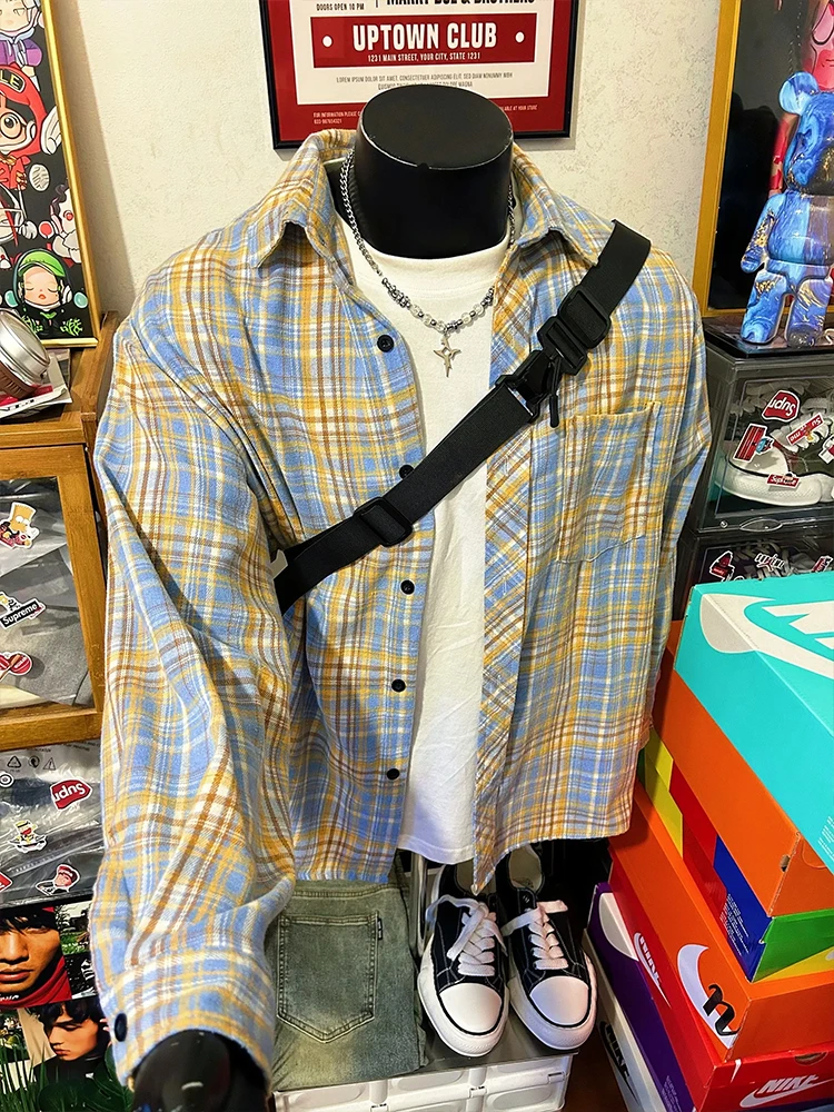 

Сине-желтая клетчатая рубашка с длинным рукавом для мужчин, весенняя винтажная американская рубашка для пар, рубашка Cleanfit, влагоотталкивающая.