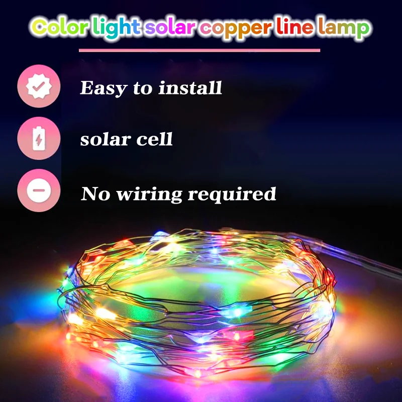 Guirnaldas de luces solares para patio al aire libre, 50 luces LED, luces de alambre de cobre para decoraciones navideñas para patio, fiesta, árbol y patio