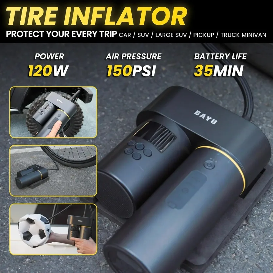 BAYU 6 في 1 مجموعة أدوات تشغيل السيارة مع 19000PA مكنسة كهربائية للسيارة بطارية عالمية غسالة الضغط اللاسلكي 150 رطل لكل بوصة مربعة تضخيم الإطارات