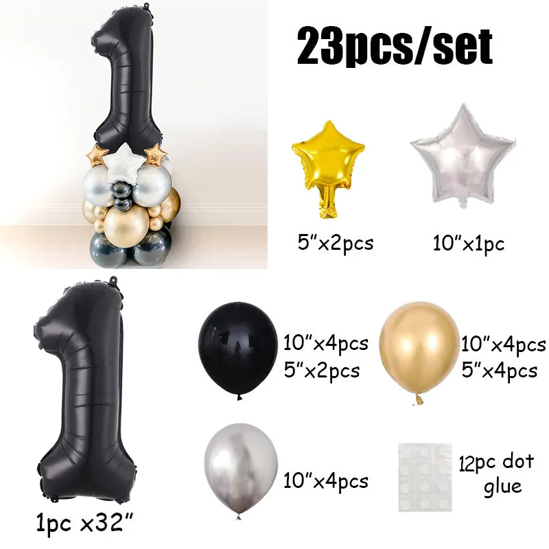 23pcs Chrome Gold Black Number Foil Balloons 1st Birthday Party Decorations Kids Boy Girl 1 2 3 4 5 6 7 8 9 Year Old Supplies