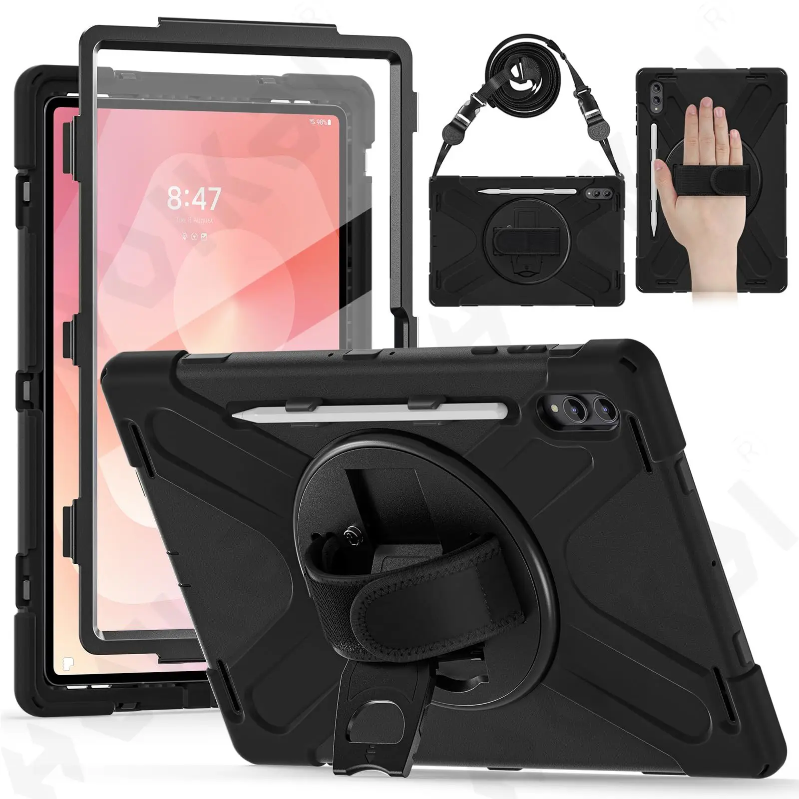 

Case For Samsung Galaxy Tab S11 Ultra 2025 14.6 Inch Rugged Shockproof Heavy Duty Rotating Stand Hand Shoulder Strap Black