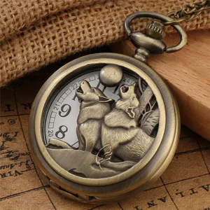 Bronze Double Wolf Moon Design Quartz Pocket Watch Necklace Chain Awesome Retro Pendant Clock for Men Women Timepiece Gift