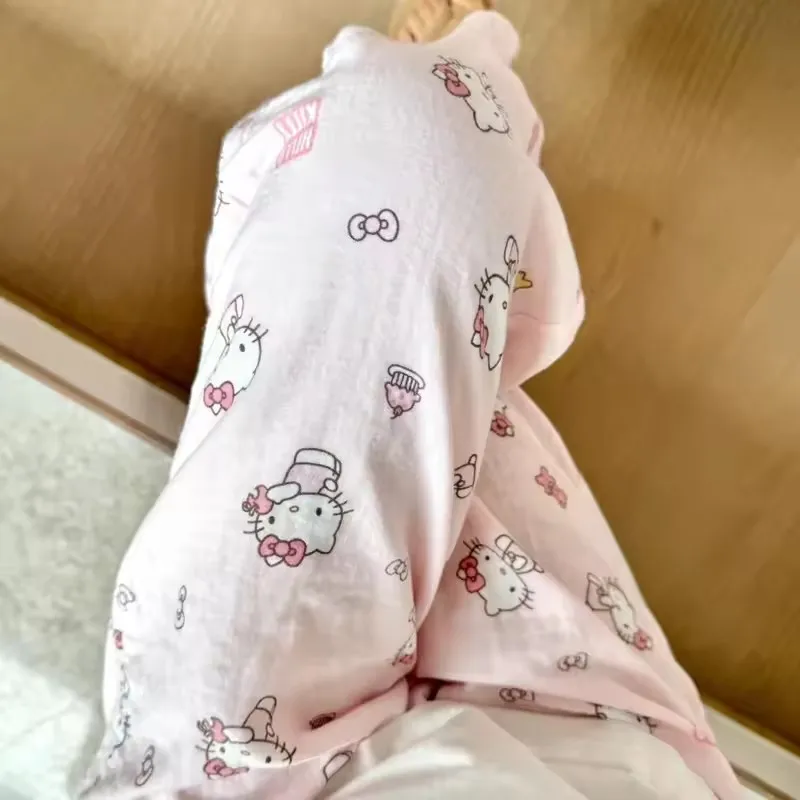 Sanrio Hello Kitty pantalones de pijama de poliéster puro pantalones anchos de pierna Kawaii Kitty pantalones casuales finos de cintura alta de verano regalos para niñas