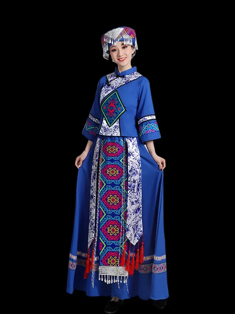 Tujia women Xiangxi adult long ornaments Miao and Yi performance costumes dance costumes three-piece set