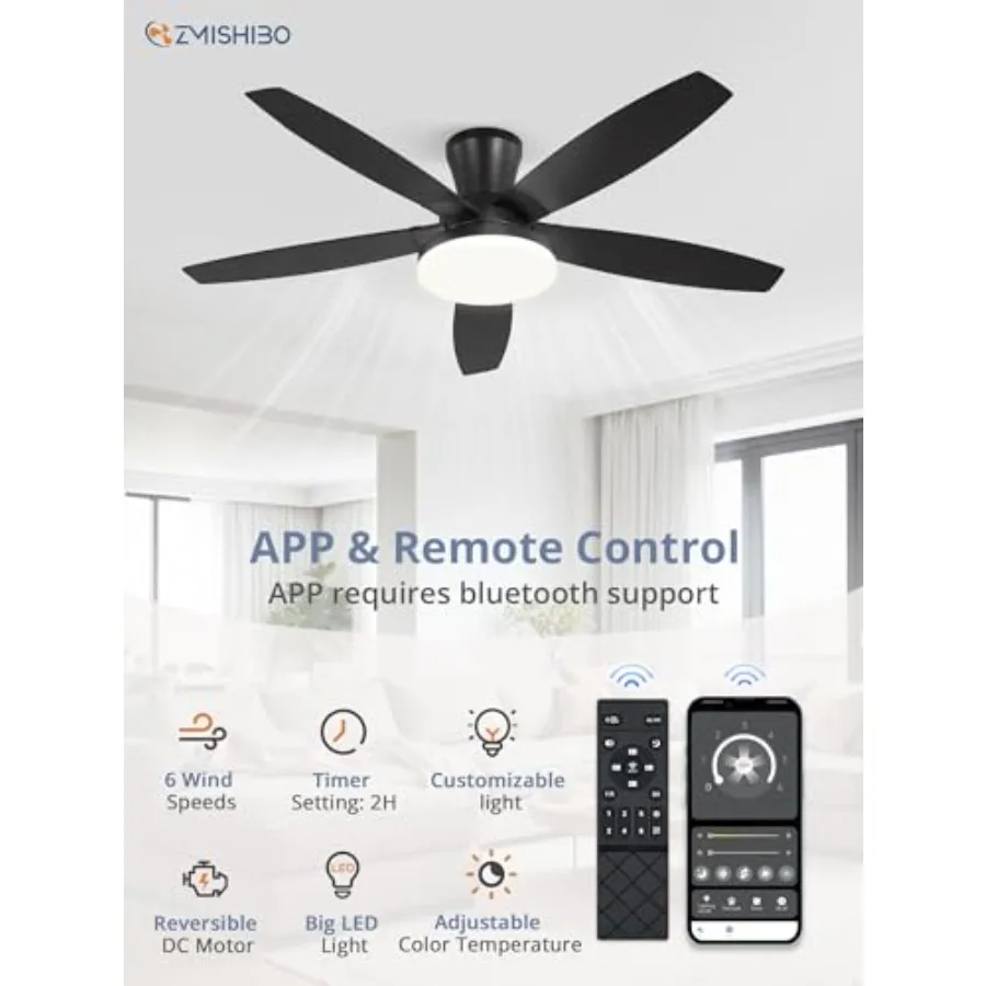Bedroom and patio ceiling fan: black flush mount, 48 inch, quiet DC motor, dimmable LED light, remote/APP control, modern low p