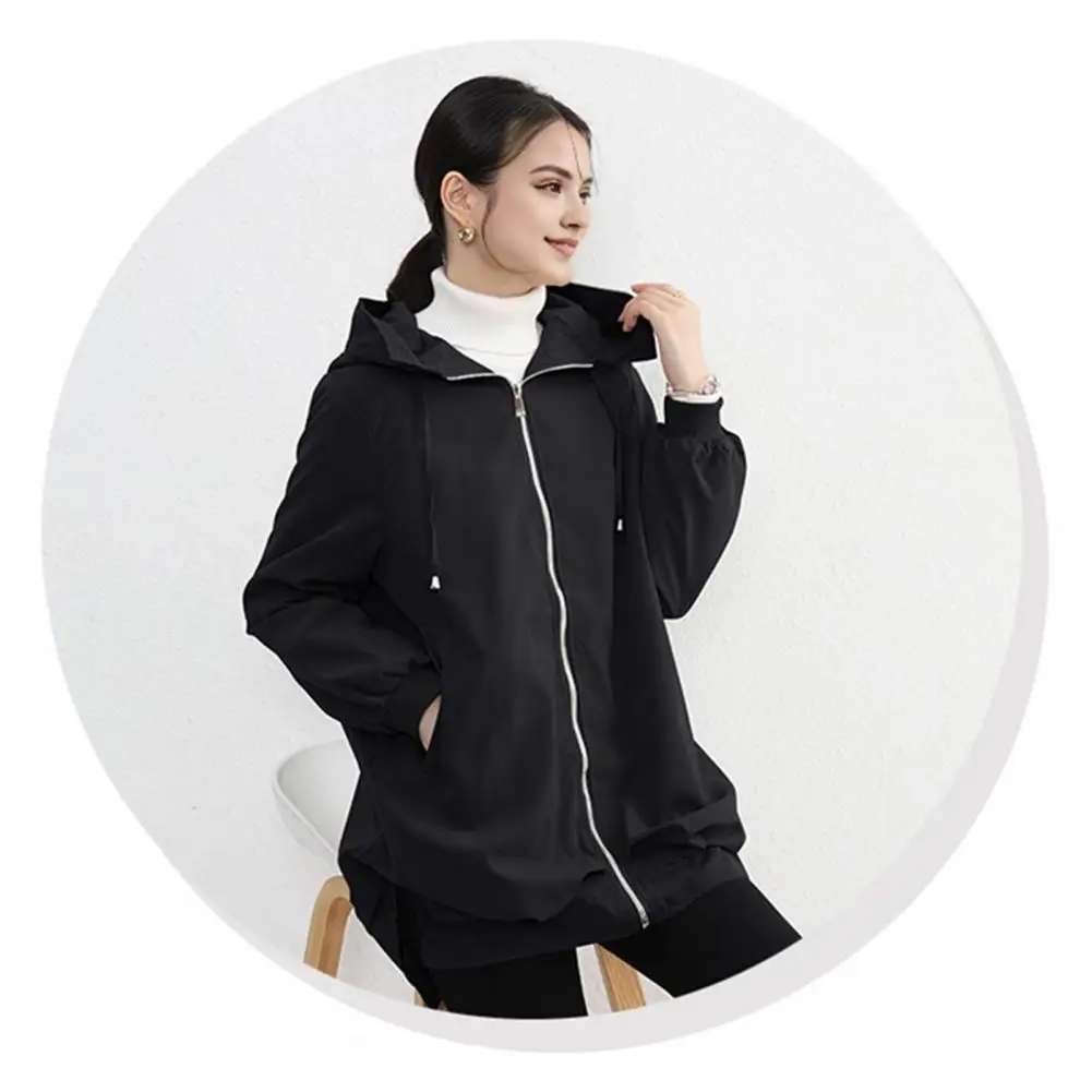 Zipper Fly Jacket Stylish Windproof Hooded Cardigan for Women with Split Hem Drawstring Closure for Outdoor Activities Travel