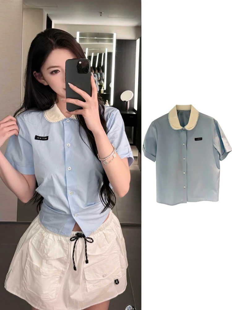 

2026 New Style High Version Patchwork Embroidered Shirt Doll Collar Academic Style Short Sleeve Women's Fashion Summer Top