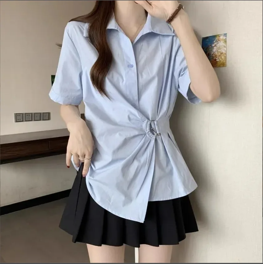 

Korean Popular Clothes 2025 Summer New French Design Shoulder Top Loose Casual Niche Button Up Short Sleeved A-Line Shirt Top
