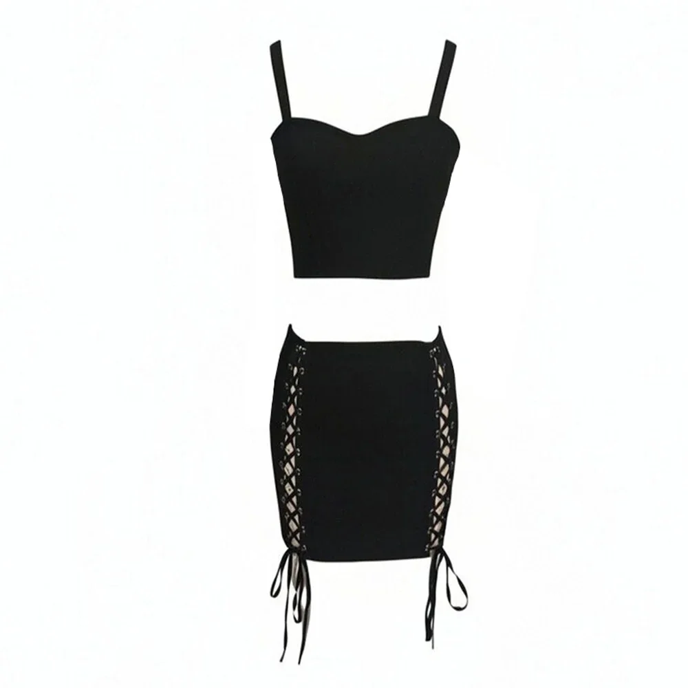 Vintage Lace Up Back Crop Top and Side Cut Out Mini Dress Sets Fashionable Sexy Outfits for Prom Music Festival Party Gown