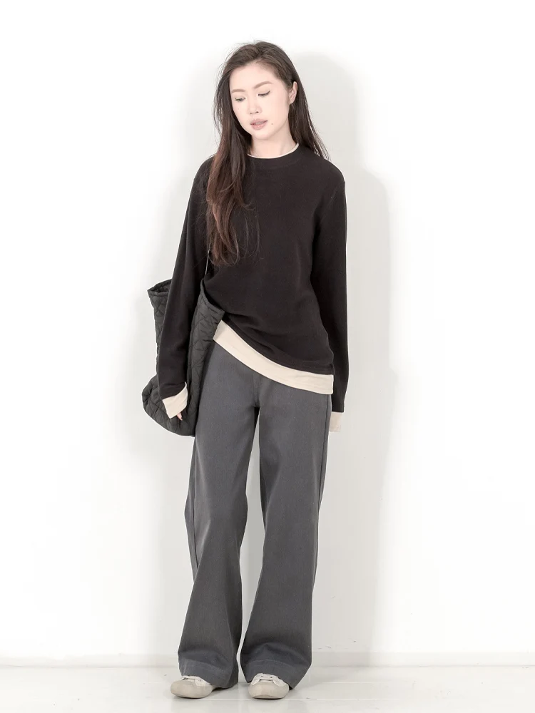 

Winter Thiened Long Sve T-irt Women's Base irt Loose Fit Faux Two-Piece Patchwork Brued Retro Sle round Ne Top