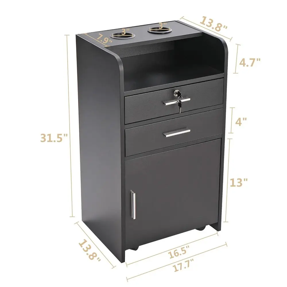 Stylish Hair Station with Rolling Cart, Lockable Storage Cabinet, and Dual Hair Dryer Holders in Black