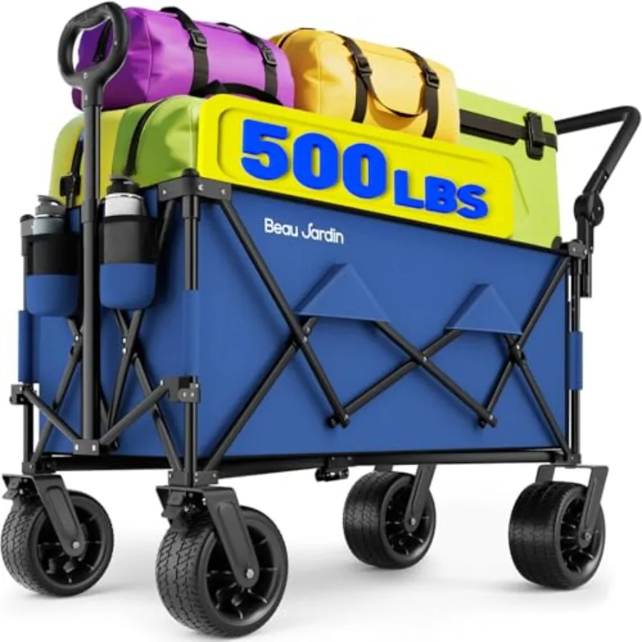 Folding Push and Pull Beach Wagon 500 lbs Collapsible Foldable Wagons with Push Handle All Terrain Wheels Grocery Utility Campi