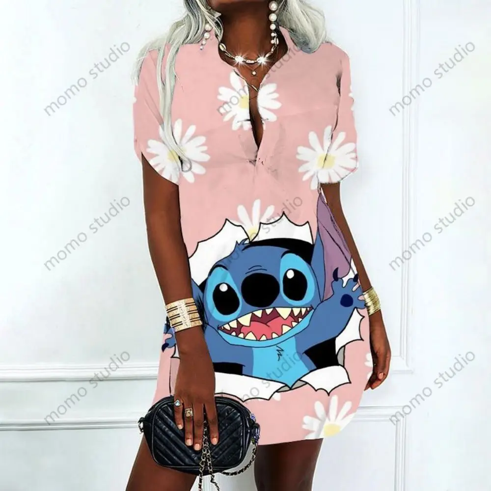 Lilo & Stitch Polo Shirts Fashion Disney Elegant Party Dresses for Women 2023 V Neck New Sexy Y2k Mini Dress Summer Album Summer